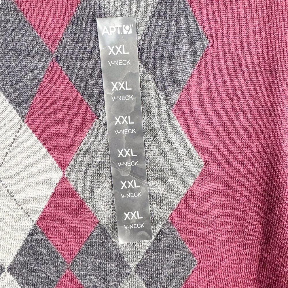 Apt 9 Sweater Mens 2XL Burgundy Merino Wool Argyle V‎ Neck Long Sleeve Kohls